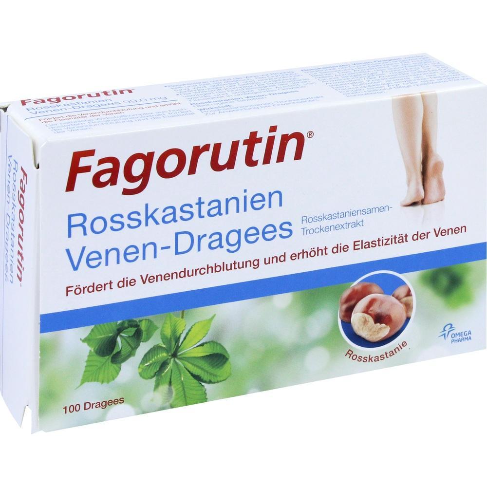 Verpackung von Rosskastanien-Venen-Dragees zur Unterstützung der Venen mit Bild von Kastanien.