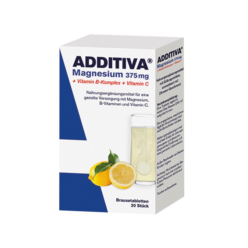 Eine Packung mit Brausetabletten mit Magnesium, Vitamin B-Komplex und Vitamin C.