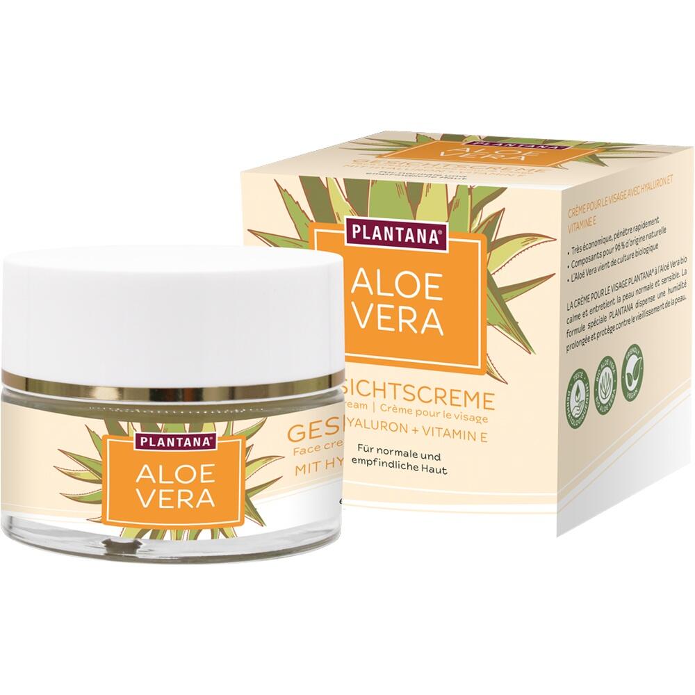 Ein Tiegel mit Aloe Vera Gesichtscreme steht vor seiner Verpackung.